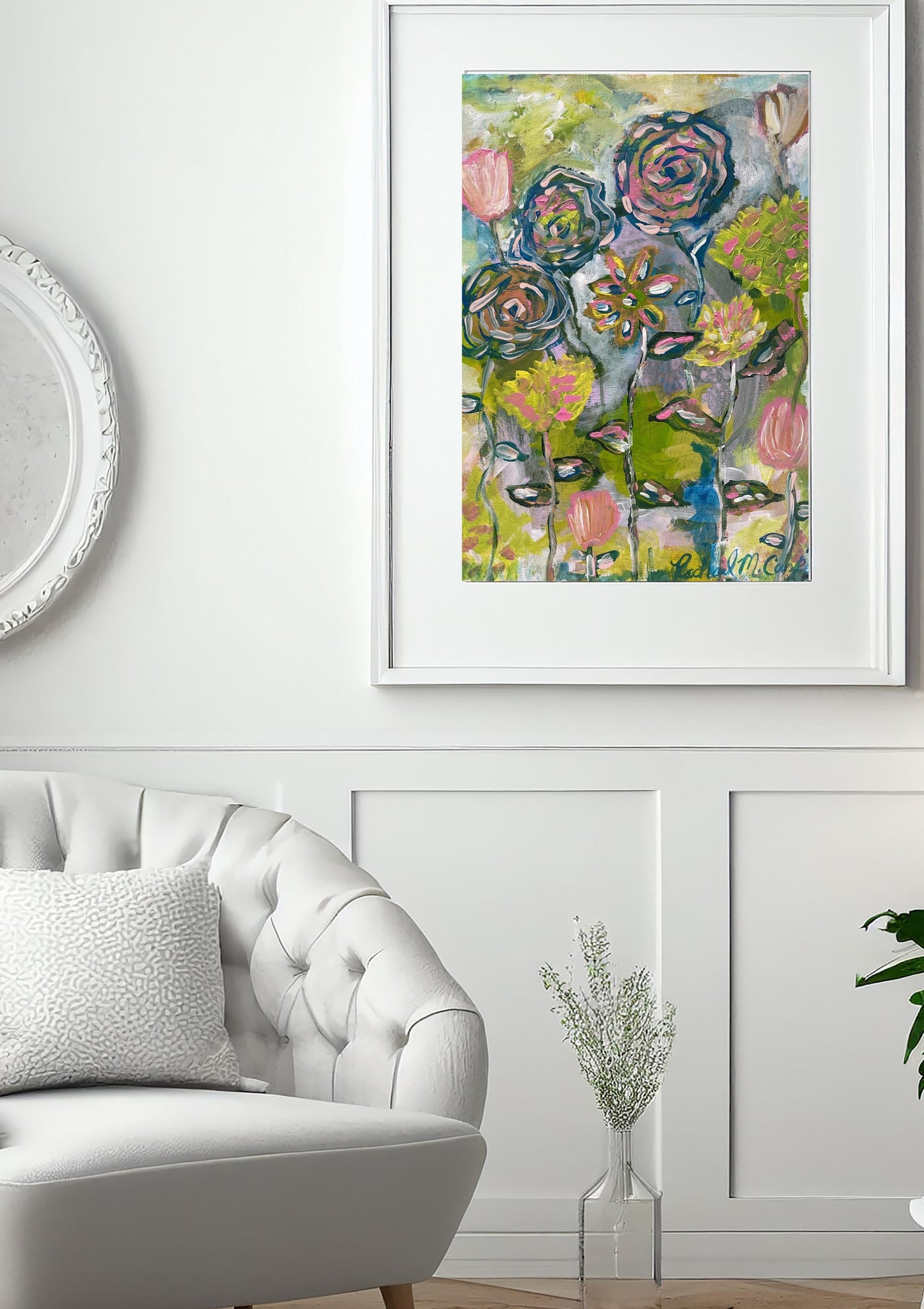 Original Floral Abstract Acrylic Painting on Canvas Panel | 11x14" Hand-Painted Modern Boho Flower Wall Art | Pink & Green Home Decor