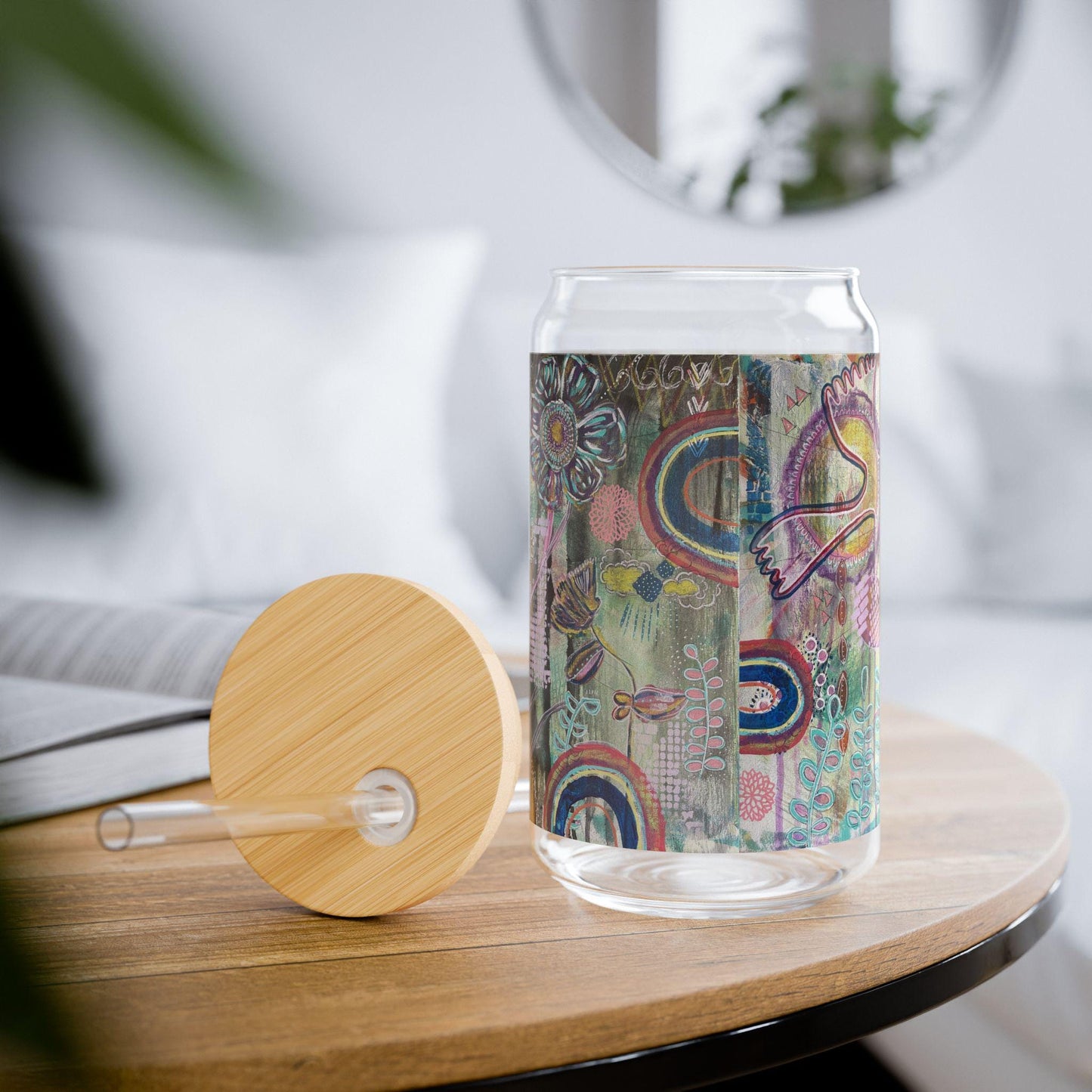 Boho Nature-Inspired Art Sipper Glass, Eco-Friendly Drinkware, 16oz Glass, Handblown Bohemian Drink Cup, Whimsical Floral Design,
