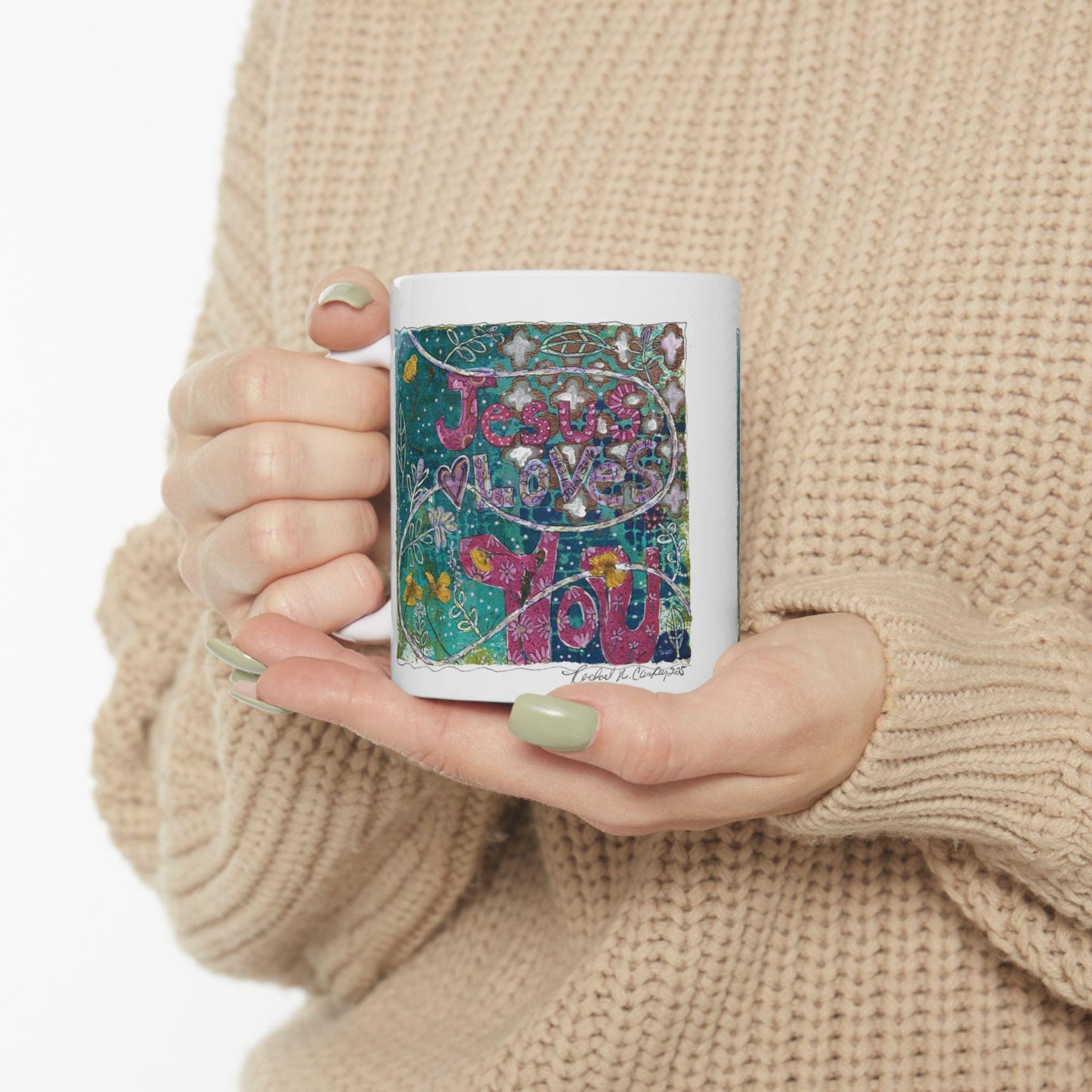 Religious Ceramic Mug, Jesus Love You, Boho Floral Design, Whimsical and Uplifting, 11oz, 15oz, Gift for Christian, Inspirational Tea Cup,