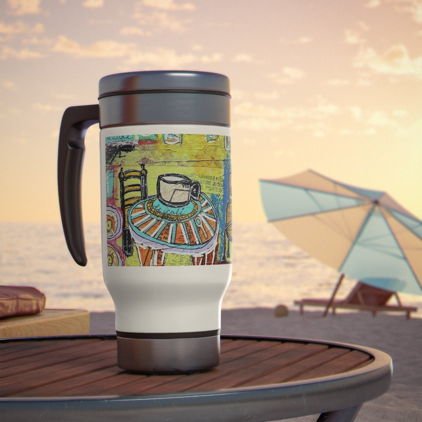 French Cafe Design, France inspired, Coffee House Art - Stainless Steel Travel Mug with Handle, 14oz