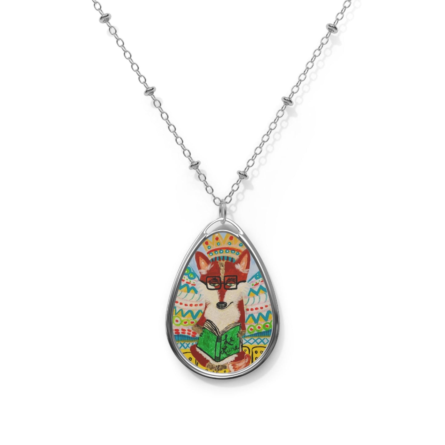 Necklace, Fox Reading a Book Pendant, Animal Lover Gift, Bookish Gifts, Art by Rachael Caskey