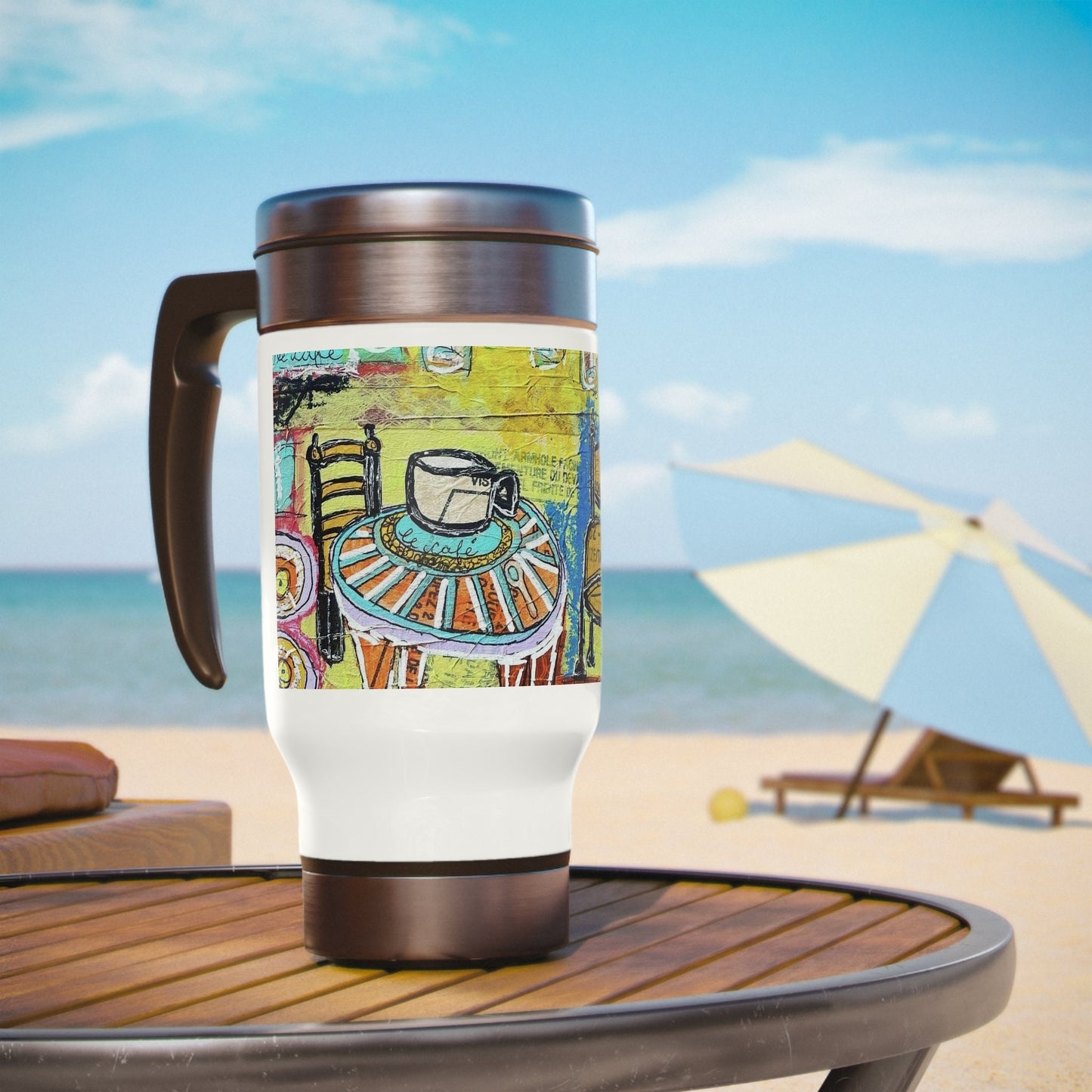 French Cafe Design, France inspired, Coffee House Art - Stainless Steel Travel Mug with Handle, 14oz