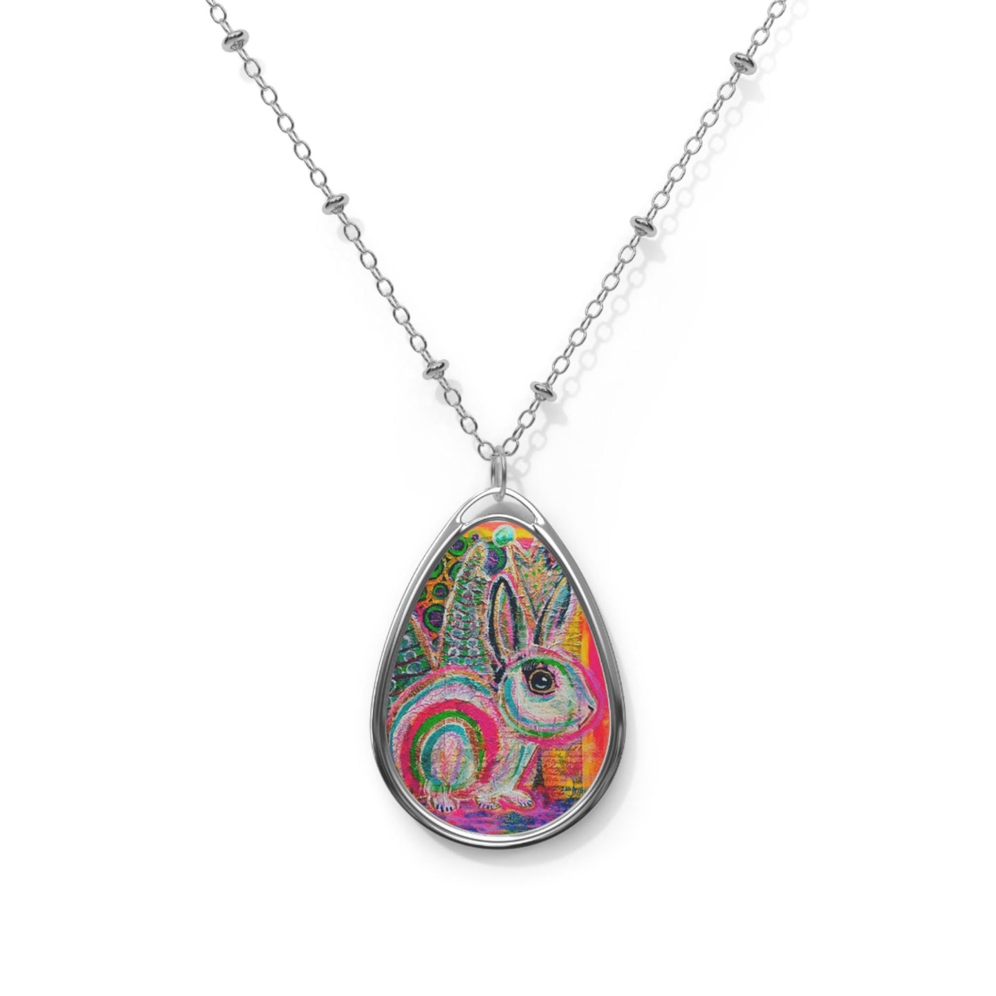 Pendant Necklace, Bunny Lovers Jewelry, Wildlife Rabbit Oval Necklace, White Rabbit Pendant, Crown and Wings Art, Bunny Necklace Gift