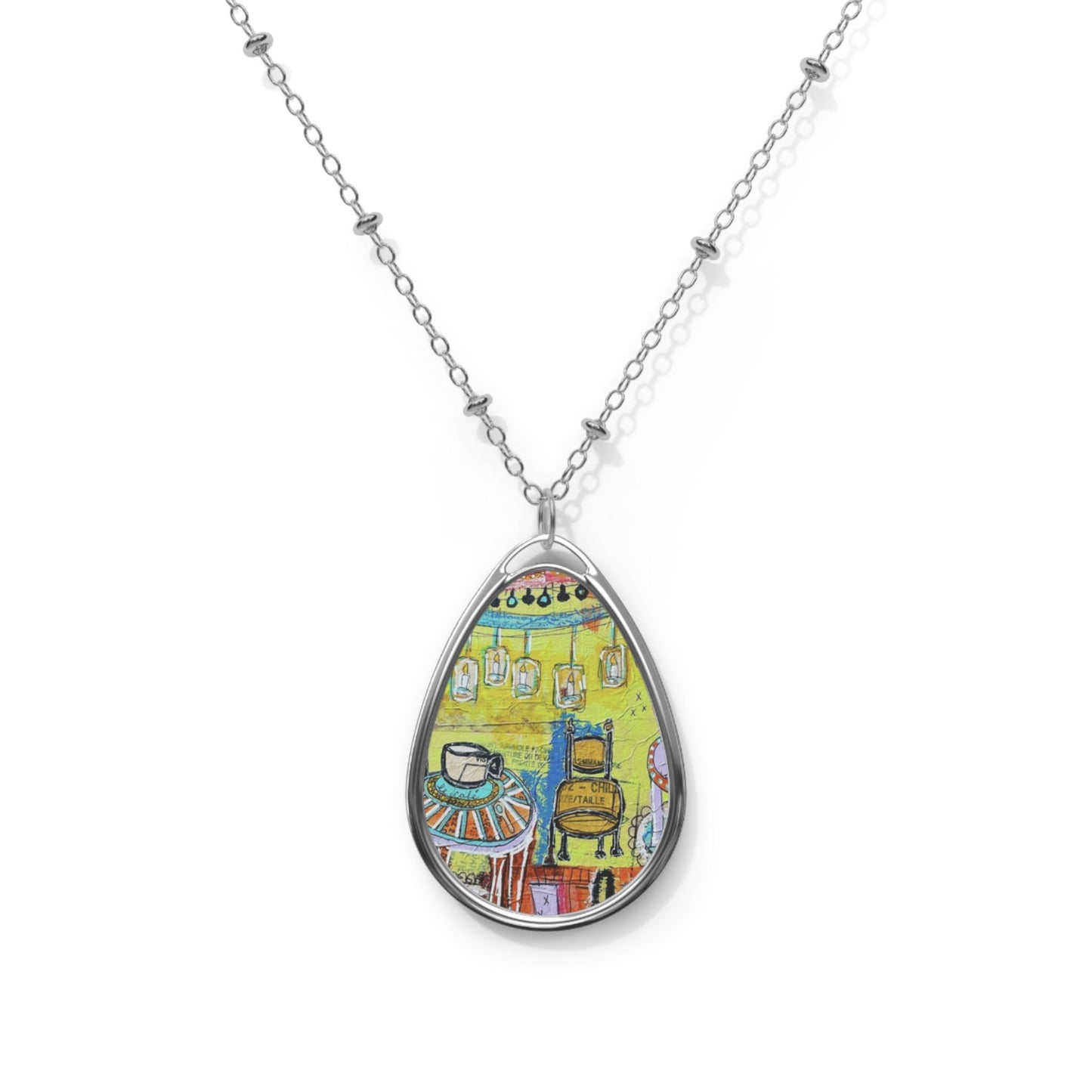 Necklace - Oval Charm - French Cafe Design, France inspired, Coffee Lovers, Tea Lovers