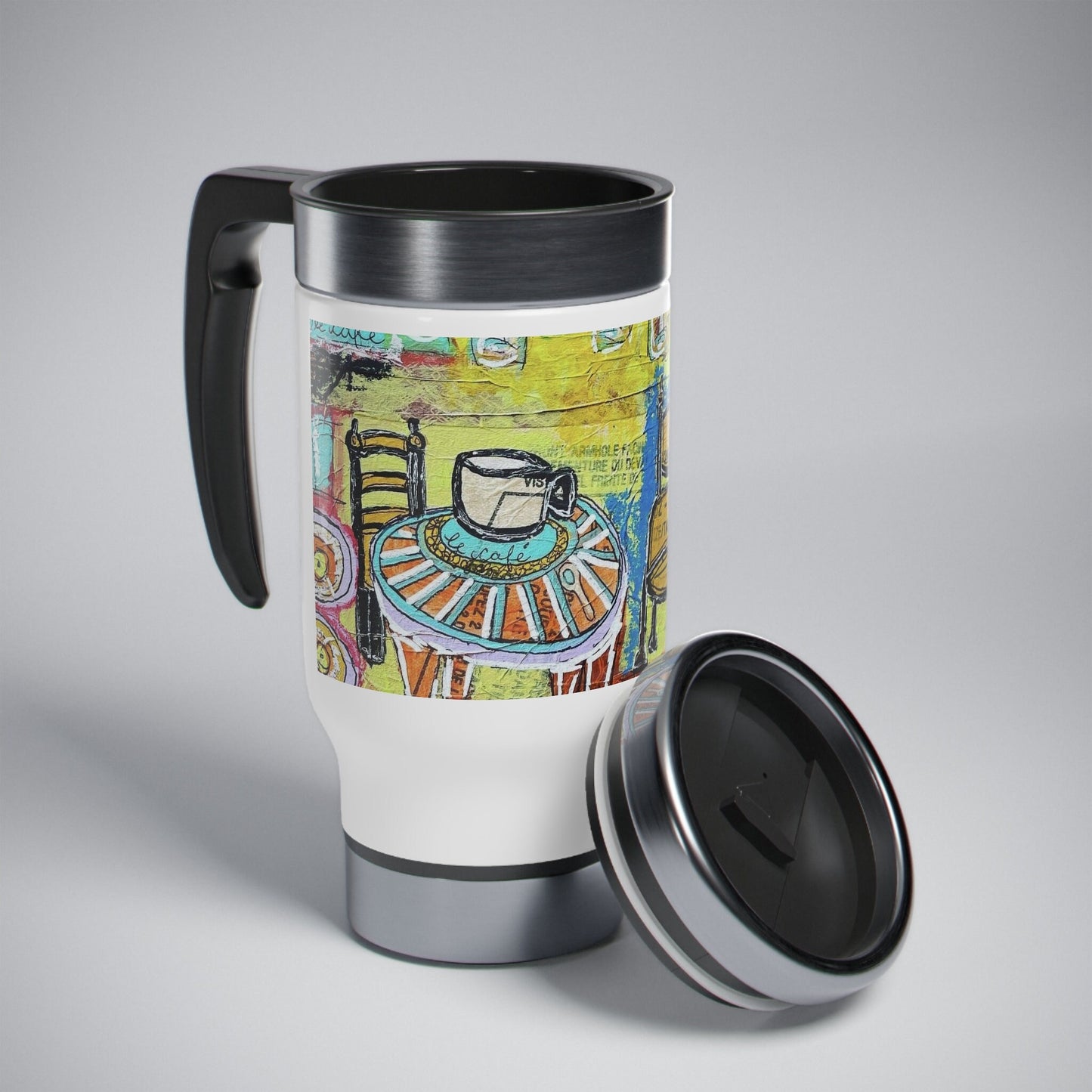 French Cafe Design, France inspired, Coffee House Art - Stainless Steel Travel Mug with Handle, 14oz