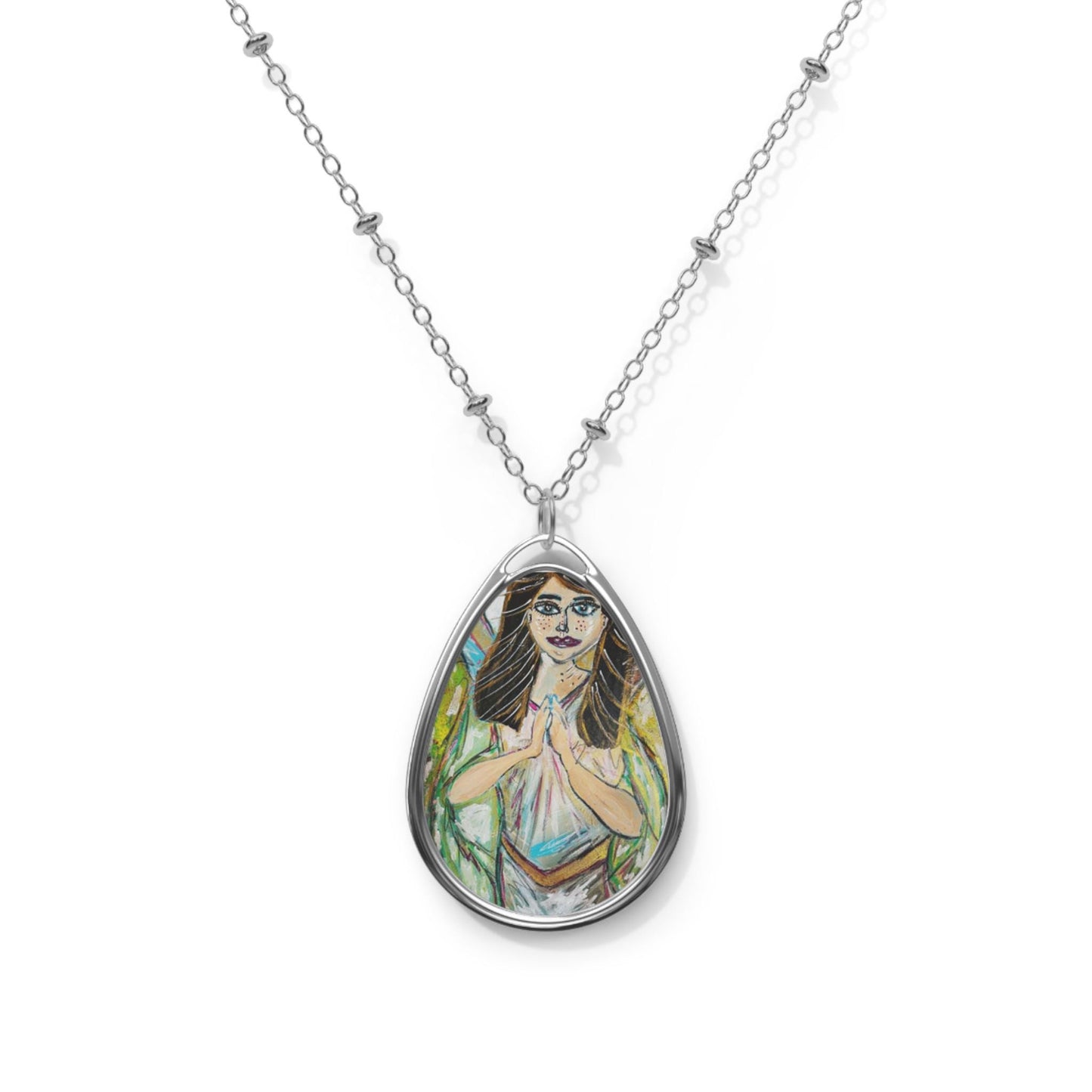Oval Necklace, Guardian Angel Pendant, Religious Gift Jewelry, Angel Art Pendant Necklace, Faith Jewelry