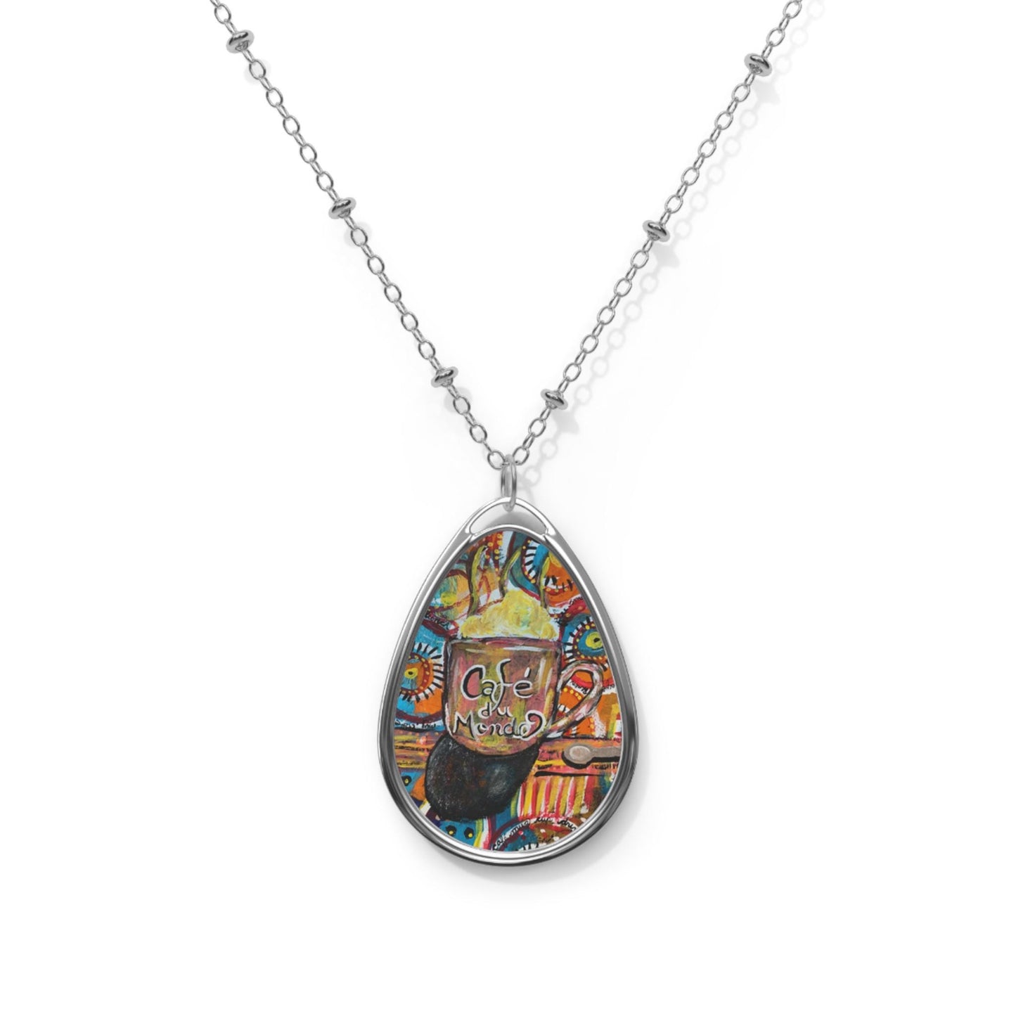 Artistic Coffee Oval Necklace, Unique Pendant Necklace, Coffee Lover Jewelry, Gift for Her, Boho Style Necklace