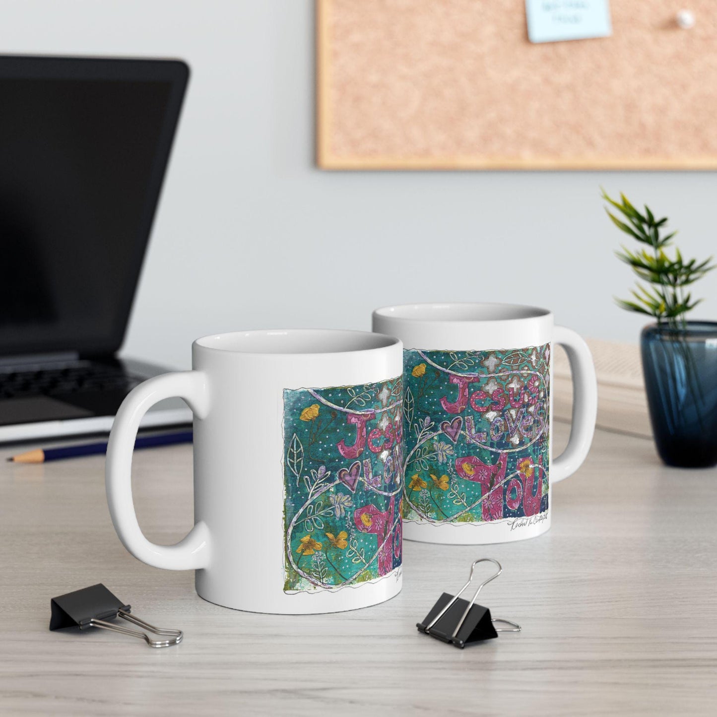 Religious Ceramic Mug, Jesus Love You, Boho Floral Design, Whimsical and Uplifting, 11oz, 15oz, Gift for Christian, Inspirational Tea Cup,
