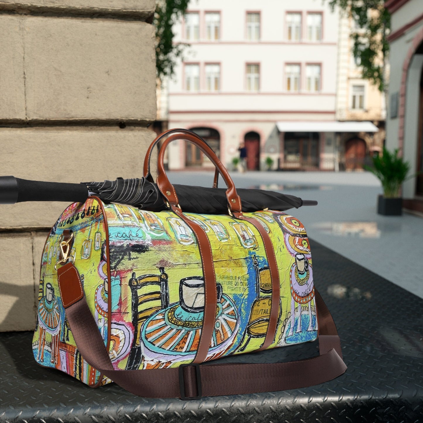 French Cafe Design, France inspired, Coffee House Art - Waterproof Travel Bag