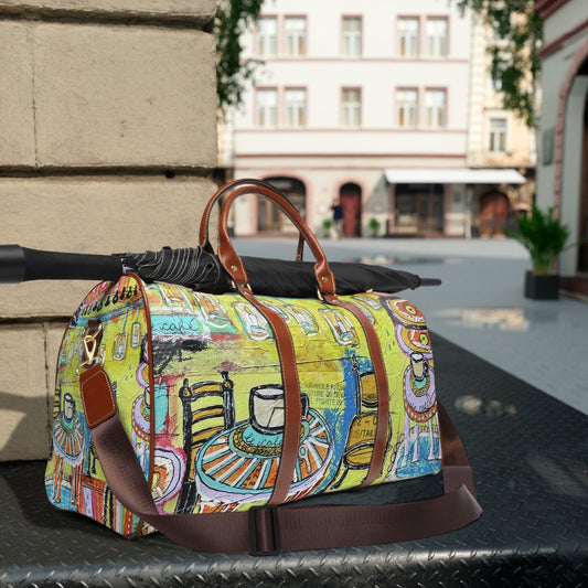 French Cafe Design, France inspired, Coffee House Art - Waterproof Travel Bag