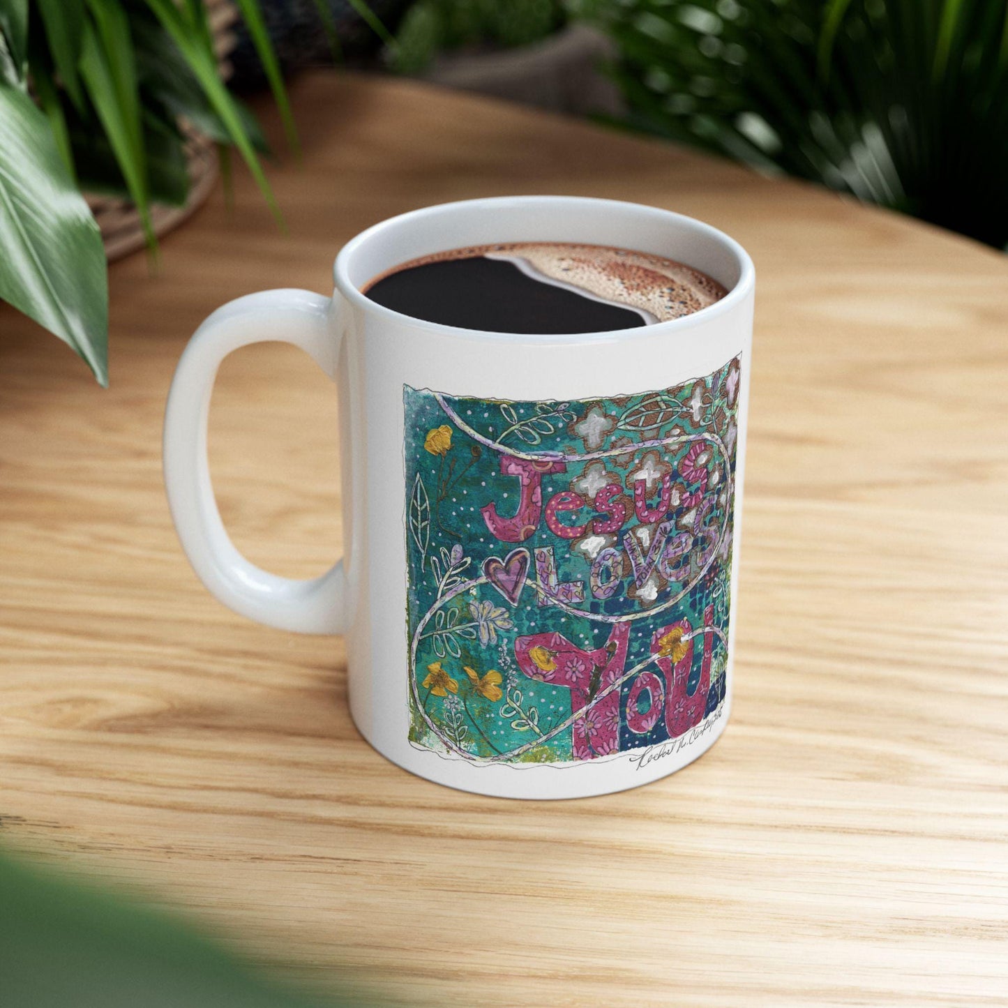 Religious Ceramic Mug, Jesus Love You, Boho Floral Design, Whimsical and Uplifting, 11oz, 15oz, Gift for Christian, Inspirational Tea Cup,
