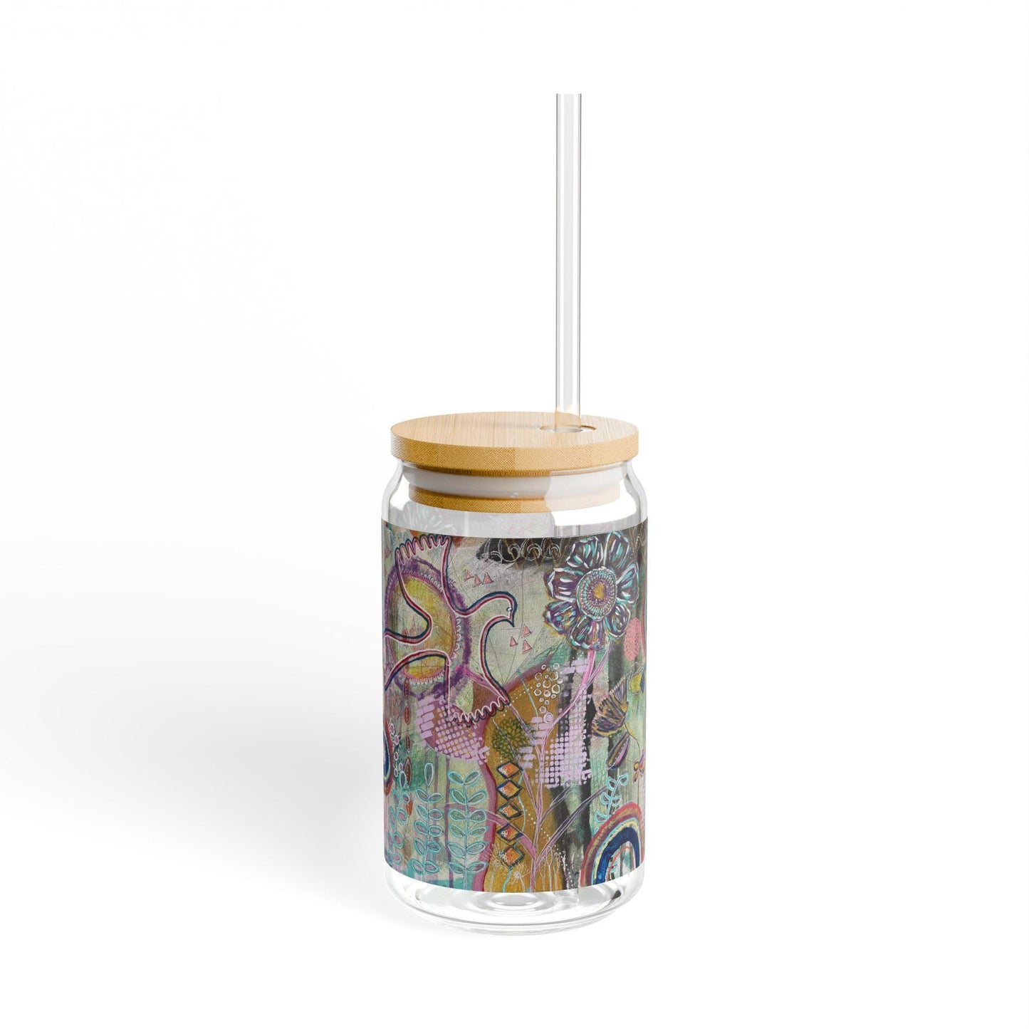 Boho Nature-Inspired Art Sipper Glass, Eco-Friendly Drinkware, 16oz Glass, Handblown Bohemian Drink Cup, Whimsical Floral Design,