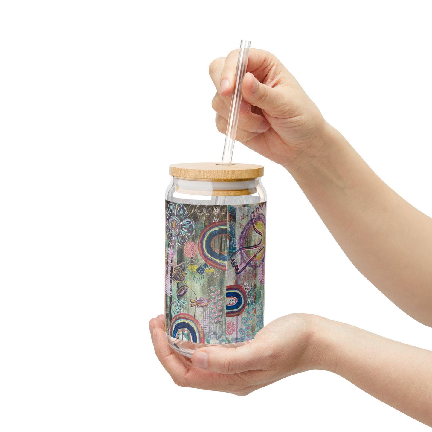 Boho Nature-Inspired Art Sipper Glass, Eco-Friendly Drinkware, 16oz Glass, Handblown Bohemian Drink Cup, Whimsical Floral Design,